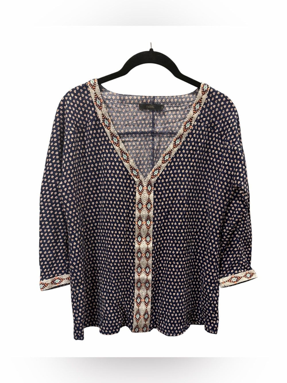 THML Navy Print V-neck long sleeve blouse size S